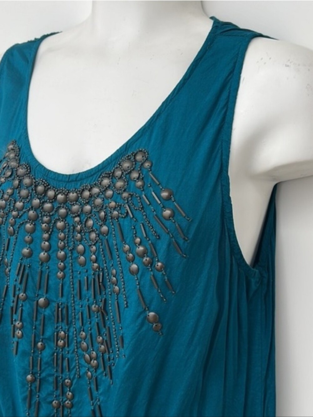 DKNY Teal Sleeveless Tank with Gunmetal Beaded Fringe